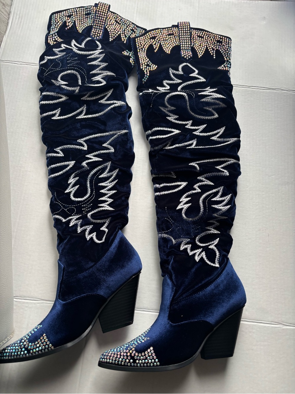 Cape Robbin Navy Velvet Over-the-Knee Boots with Rhinestone Trim